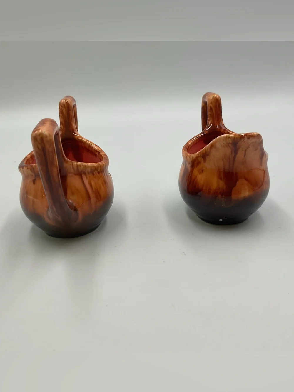 Retro Vintage Brown Drip Glaze Cream & Sugar Set Cat Eyes MCM Signed Pottery